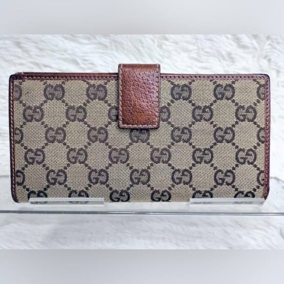 GUCCI Leather Long Continental Wallet, GG Canvas Bambo Interlocking Turnlock EUC - Picture 3 of 15